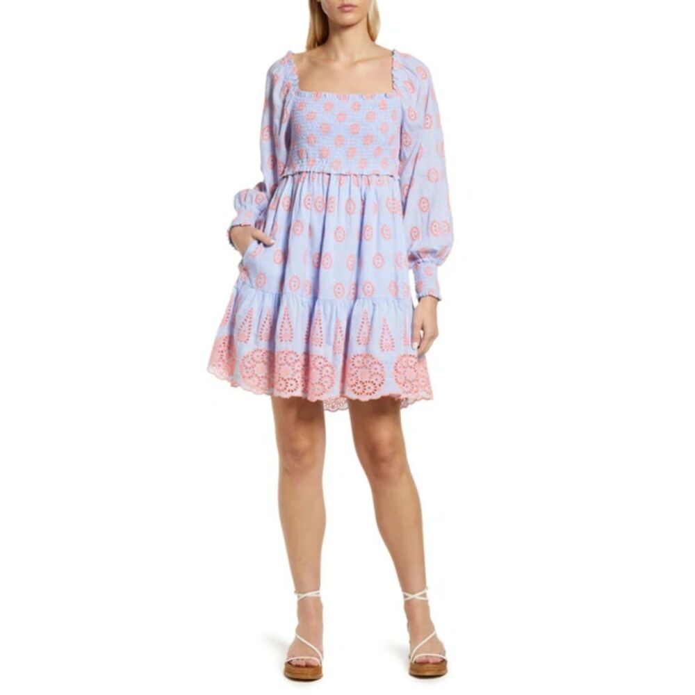 Lilly Pulitzer Rainna Eyelet Smocked Dress Blue Peri Chambray Dobby Eye Small - Picture 11 of 11